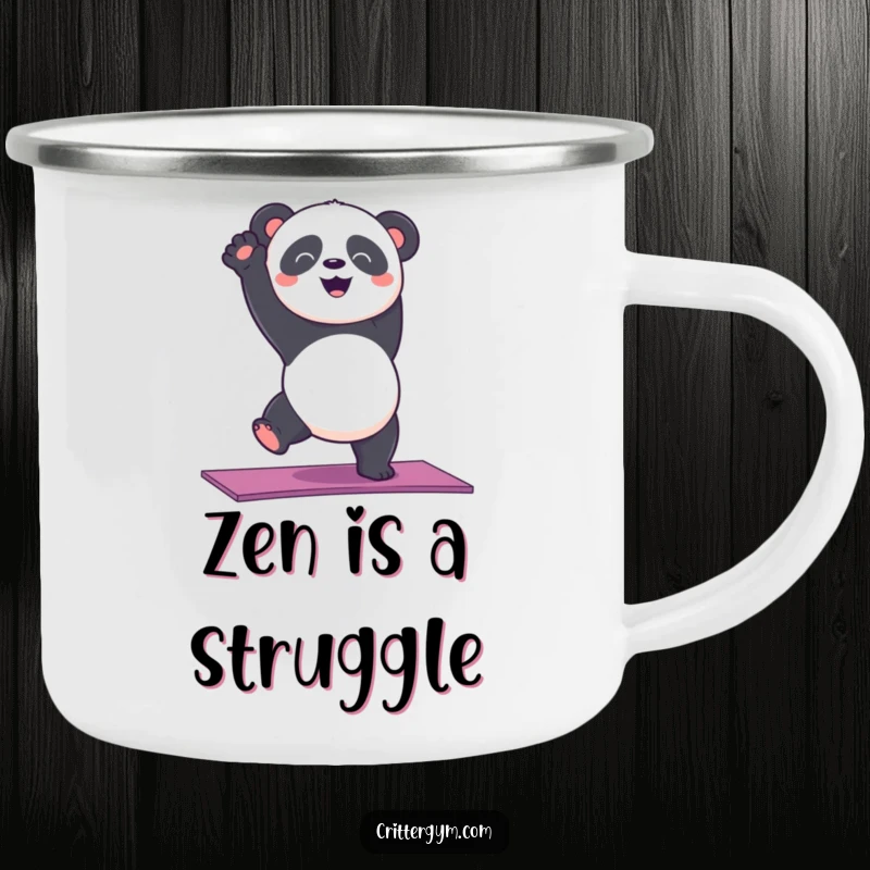 Funny panda bear in a yoga handstand on a durable camping mug, ready for outdoor adventures.