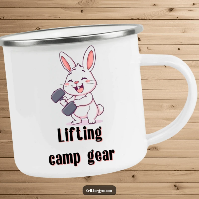 Funny rabbit gym camping mug with a smiling rabbit character comically failing to lift a tiny dumbbell, for outdoor humor.