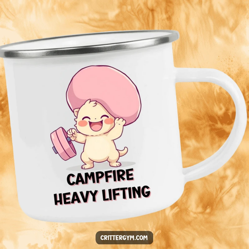 Funny squishy weight lifting camping mug with a cute creature lifting a large, soft weight, ready for any outdoor excursion.