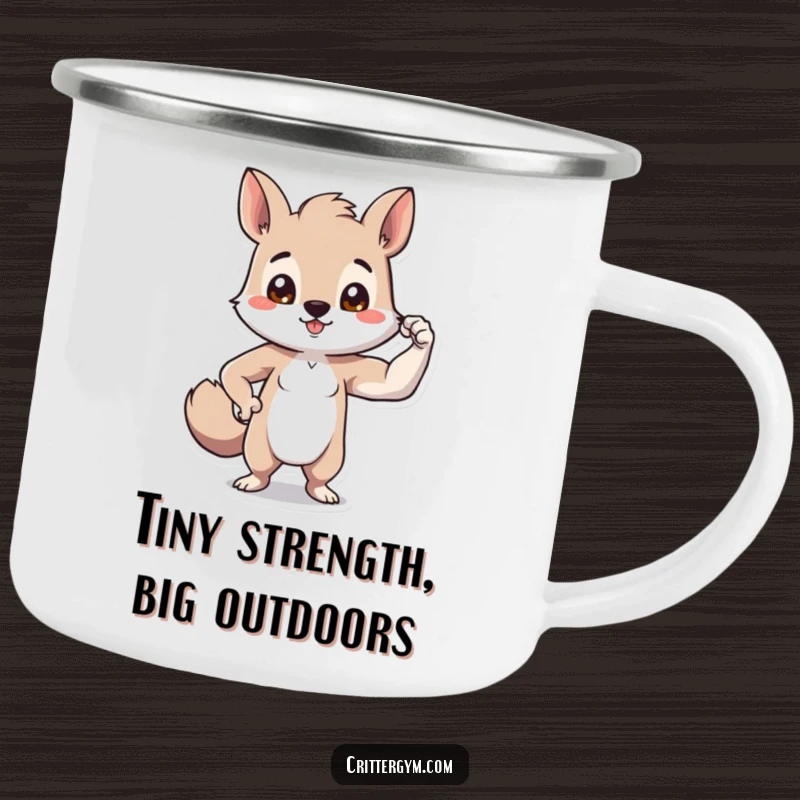 Funny tiny bicep animal camping mug with a small creature proudly flexing a comically small bicep, ideal for outdoor enthusiasts.