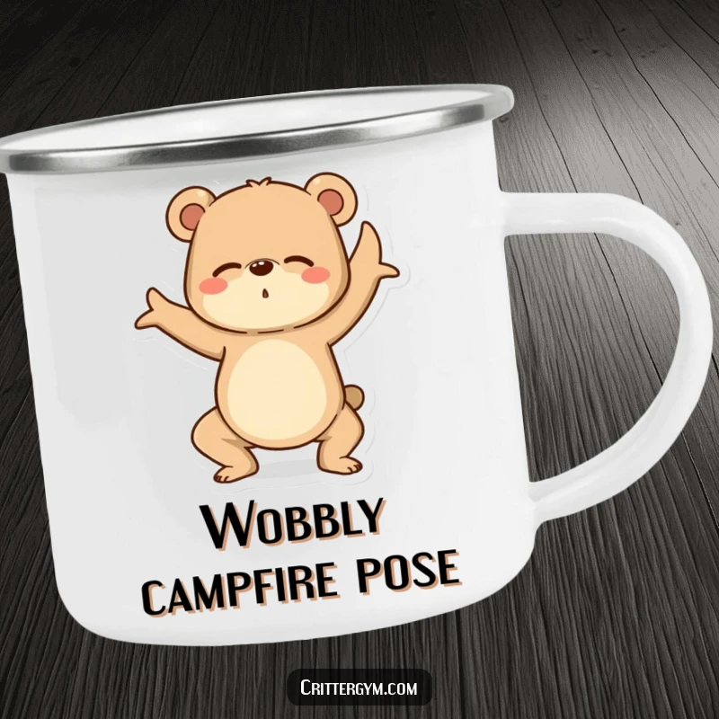Funny Yoga Bear Camping Mug: A determined bear hilariously wobbles in yoga pose, ideal for outdoor laughs.