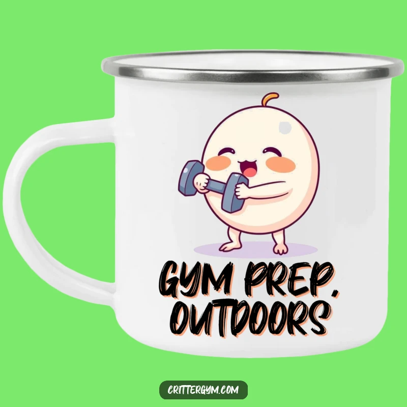 Funny Campfire Mug: Spherical Creature Dumbbell Lift, Hilarious Outdoor Gift