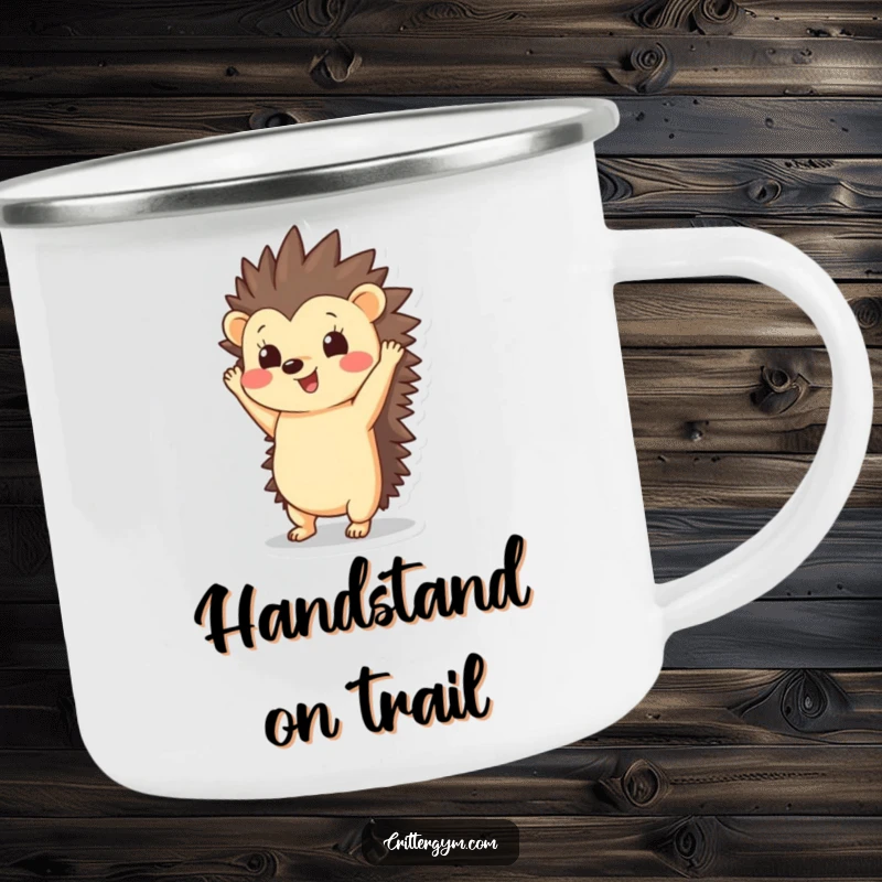 Funny Hedgehog Camping Mug: A happy hedgehog in a handstand with quills pointing upwards, ready for outdoor fun.