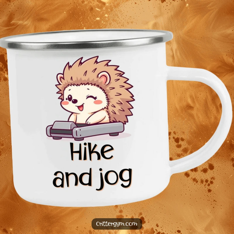 Funny hedgehog camping mug with a tiny character using a miniature treadmill, huge grin, and jiggling quills.