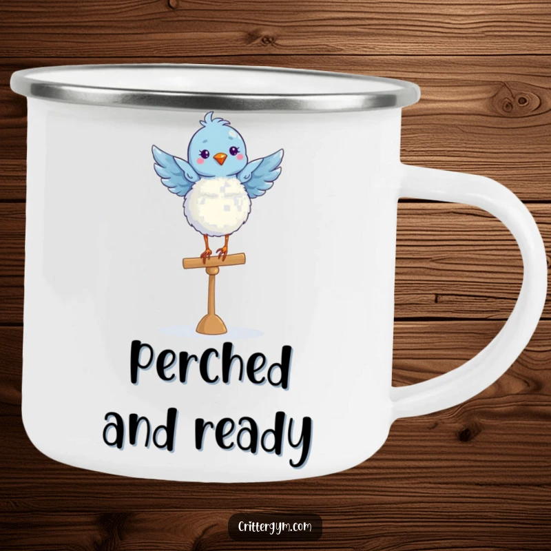 Funny blue bird in a ballet pose on a balance beam, on a durable camping mug for outdoor elegance.