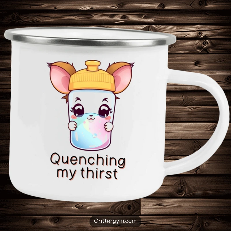 Funny creature camping mug showing a curious creature with wide, amazed eyes peeking into a colorful water bottle, perfect for outdoor lovers.