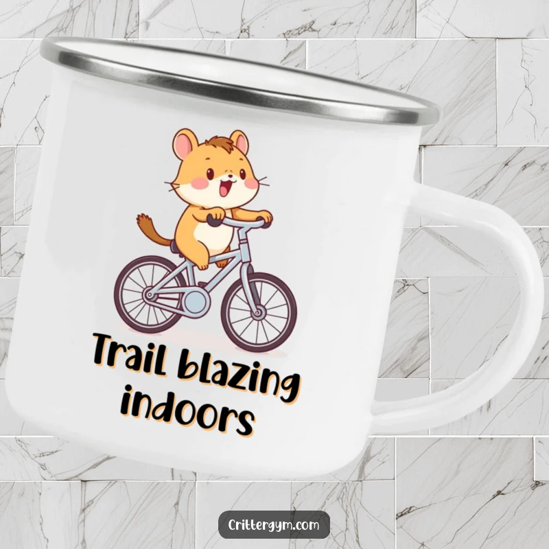 Funny critter cycling camping mug with a small creature pedaling a tiny stationary bike with great enthusiasm, ideal for outdoor enthusiasts.