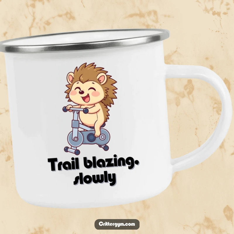 Funny hedgehog camping mug depicting a happy hedgehog bouncing on a tiny exercise bike, perfect for outdoor adventures and laughs.