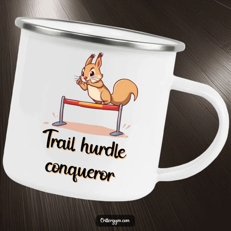 Funny determined squirrel camping mug, doing a dramatic leap over a tiny hurdle, for outdoor use, hilarious funny gift.