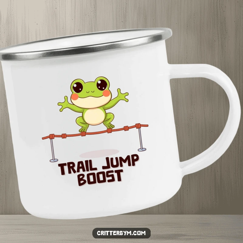 Funny camping mug with a small, happy frog character leaping over tiny jump ropes with wide, excited eyes, for outdoor fun.