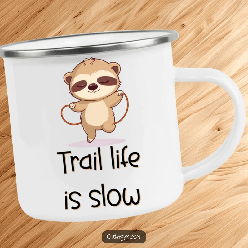 Funny sloth camping mug, depicting a sleepy sloth attempting jump rope in slow motion, for outdoor humor.