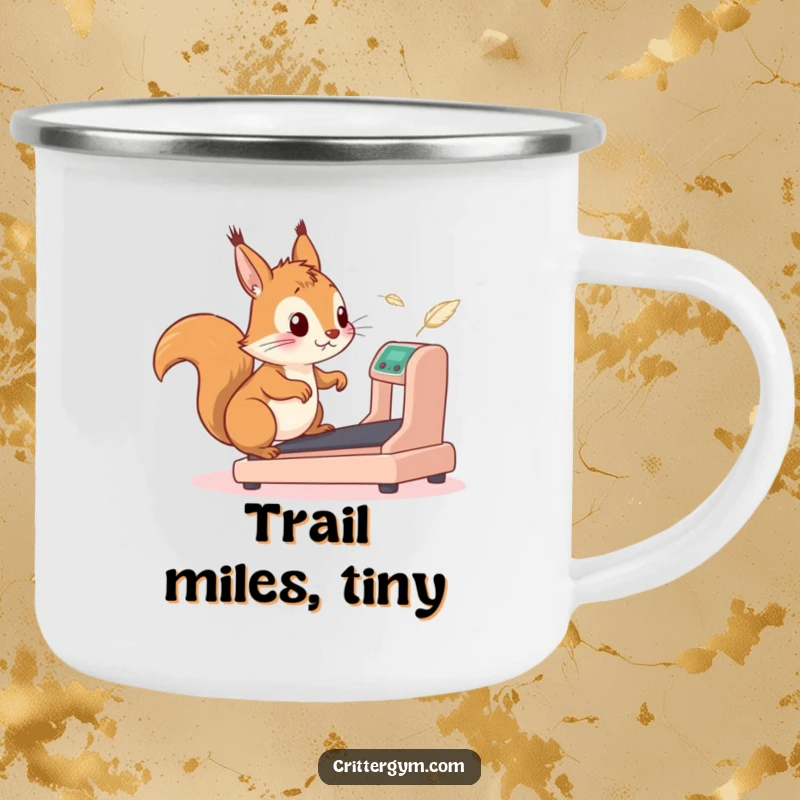 Funny squirrel camping mug showing a squirrel comically running on a tiny treadmill, feathers flying, perfect for outdoor adventures and laughs.