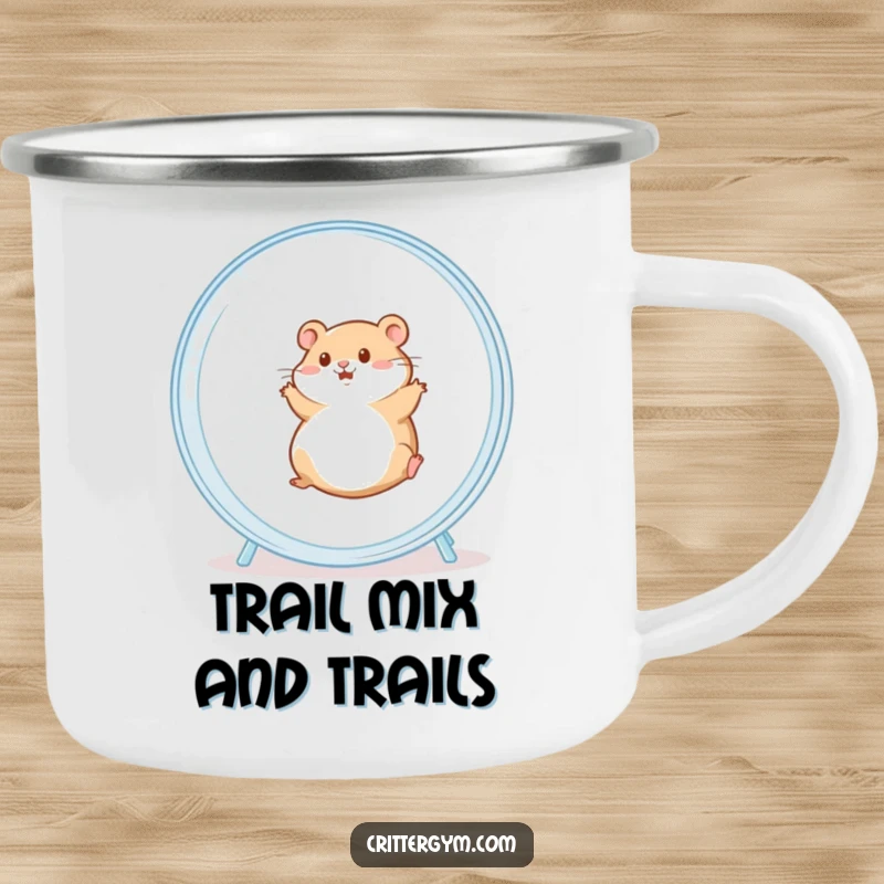 Funny camping mug showing a chubby hamster enthusiastically running in a big hamster wheel, ready for outdoor fun.