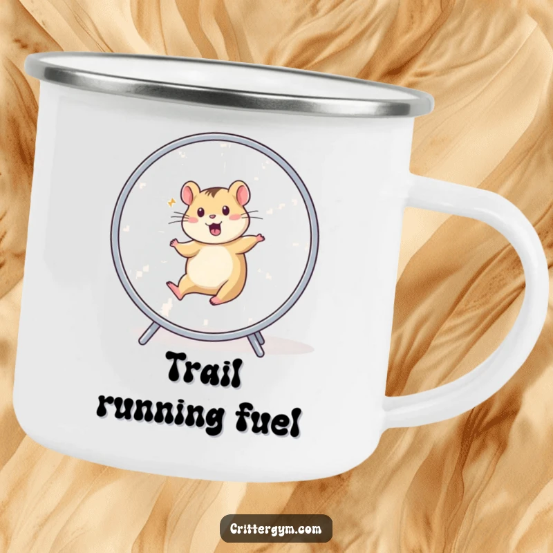 Funny Camping Mug: A small animal character in a blur of motion, running on a hamster wheel.