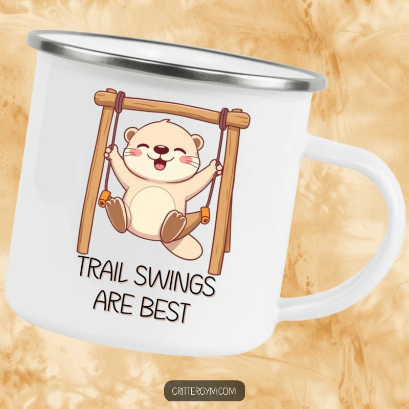 Funny camping mug with a playful otter character joyfully swinging on a miniature monkey bar, ideal for outdoor adventures.