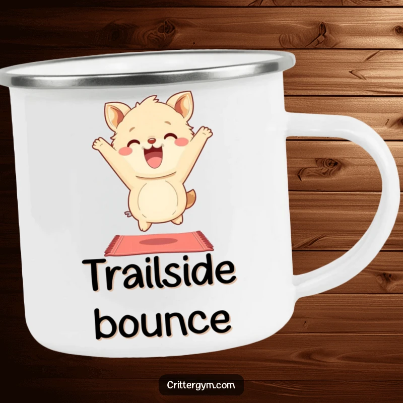 Funny Camping Mug: A fluffy animal character energetically bounces on a small yoga mat, grinning humorously.