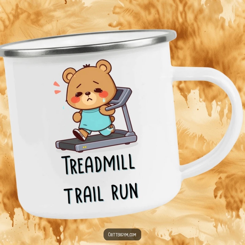 Funny camping mug featuring a small, sweaty bear character running determinedly on a treadmill with a happy smile, ideal for enjoying drinks outdoors.