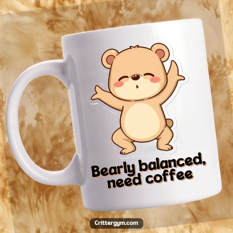 Funny Yoga Bear Mug: A determined bear wobbles precariously while attempting a difficult yoga pose, expressing humorous fitness struggles.