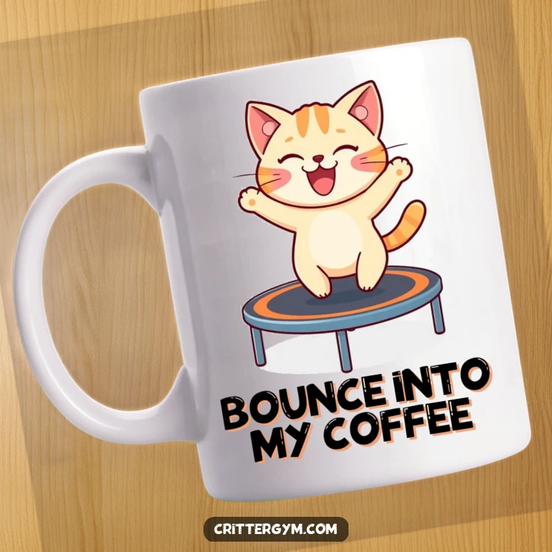 Funny mug featuring a cheerful cat excitedly bouncing high on a miniature trampoline with pure joy, embodying playful energy.