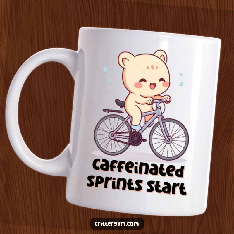 Funny Mug: A cute creature gleefully pedals a minuscule stationary bicycle, sweat droplets flying, showing humorous workout intensity.