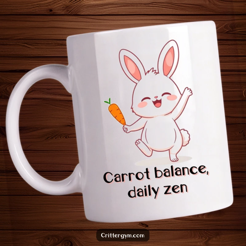 Funny mug featuring a fluffy bunny in a spirited yoga pose, expertly balancing a tiny carrot, spreading joy and laughter.