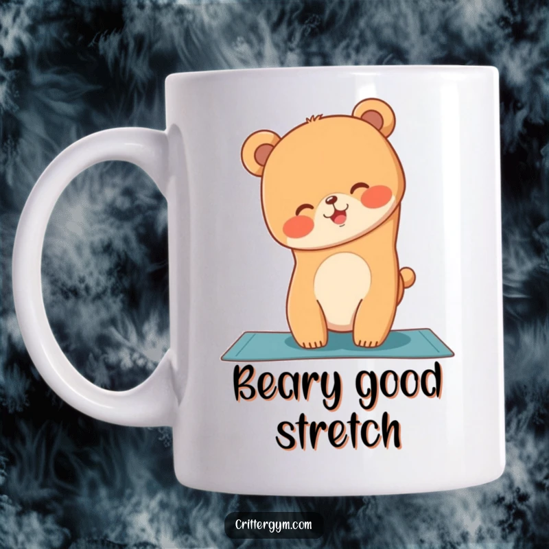 Funny mug showing a giggling bear cub wobbling while attempting to do a handstand on a yoga mat.