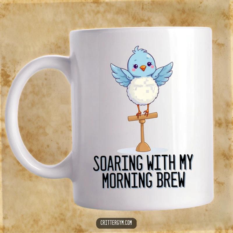 Funny, fluffy blue bird performing a graceful ballet pose on a balance beam, on a charming coffee mug.