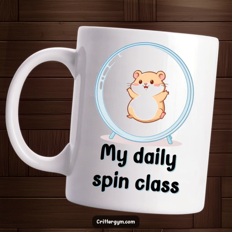 Funny hamster mug showing a plump hamster ecstatically rolling inside a large clear hamster wheel, capturing pure joy and silliness.