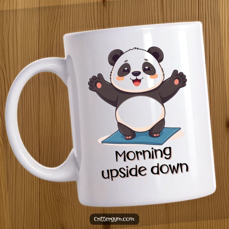 Funny chubby panda mug, happily doing a headstand on a yoga mat, promoting balance and joy, great funny gift.