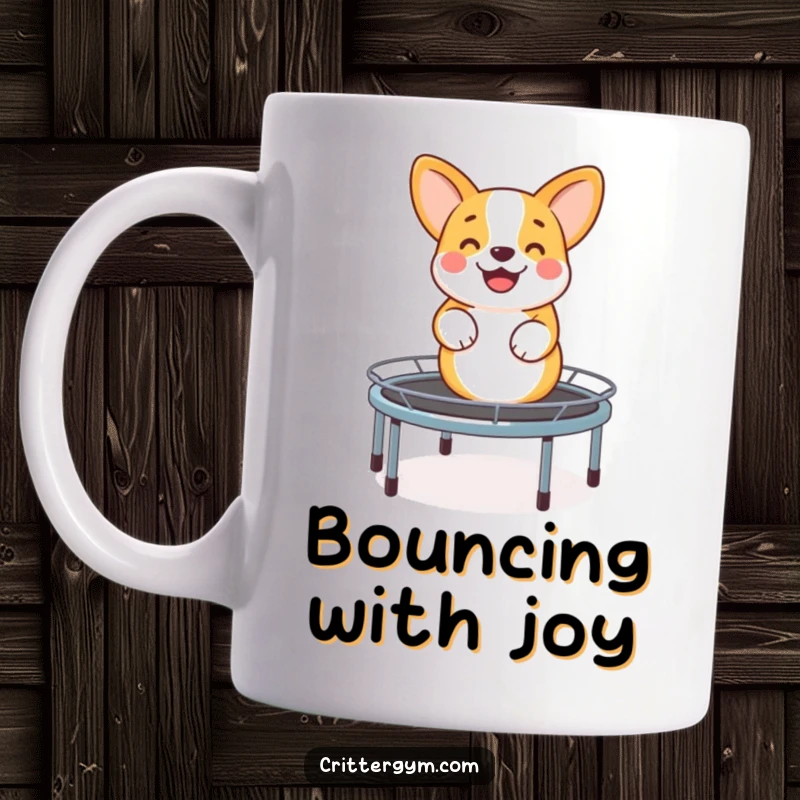 Funny mug featuring a smiling corgi happily bouncing high on a miniature trampoline, radiating pure joy and boundless energy.