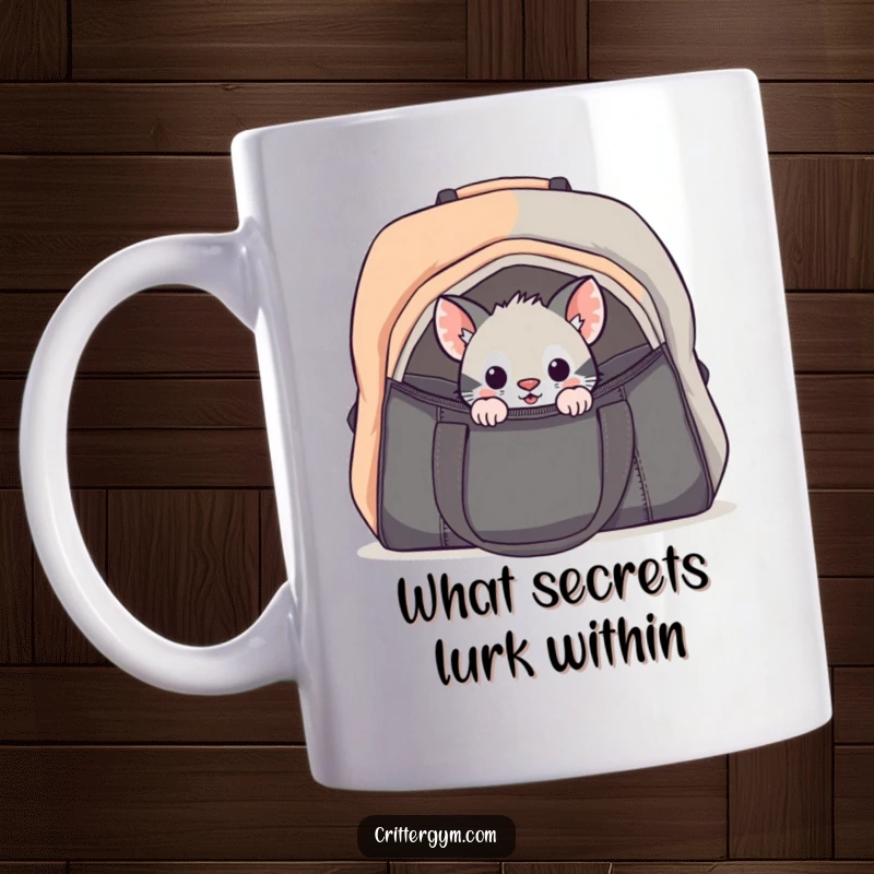 Funny curious critter gym bag mug with a small animal cautiously peeking into a large bag, expressing wonder and gentle mischief.