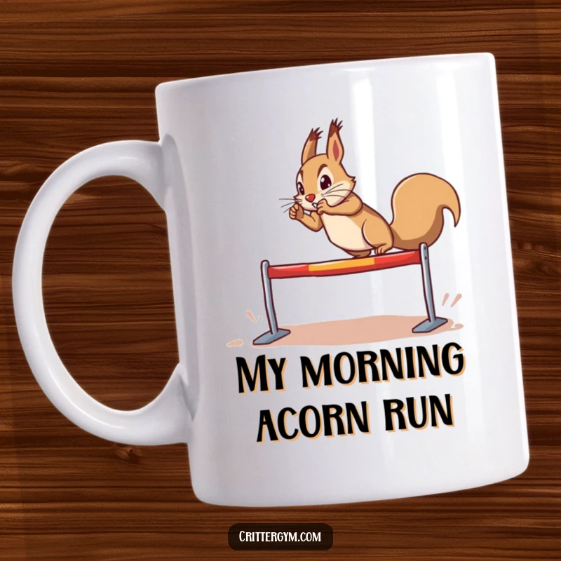 Funny determined squirrel mug, doing a dramatic leap over a tiny hurdle, representing ambition and overcoming challenges, great funny gift.