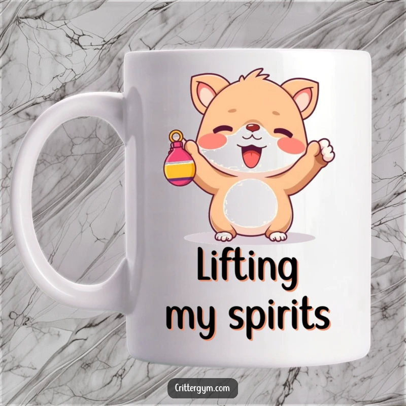 Funny Mug: A cute creature enthusiastically cheering while holding up a small, colorful weight.