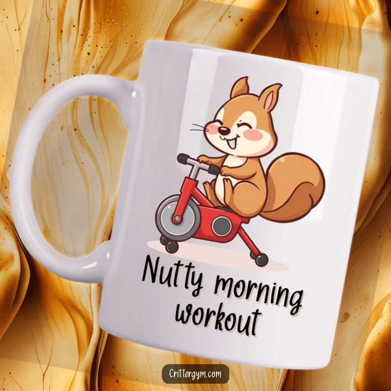 Funny mug, cute squirrel character happily performing a leg kick on a small red exercise bike, fitness.