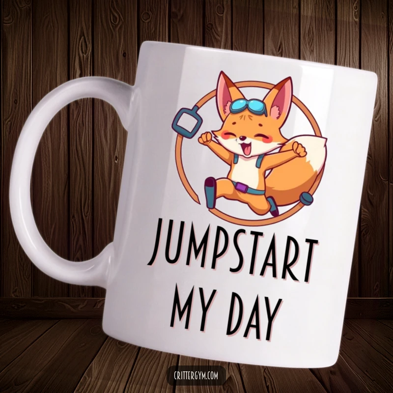Funny Fox Mug: An energetic fox leaps through a hoop decorated with gym equipment, showcasing athletic prowess and humor.