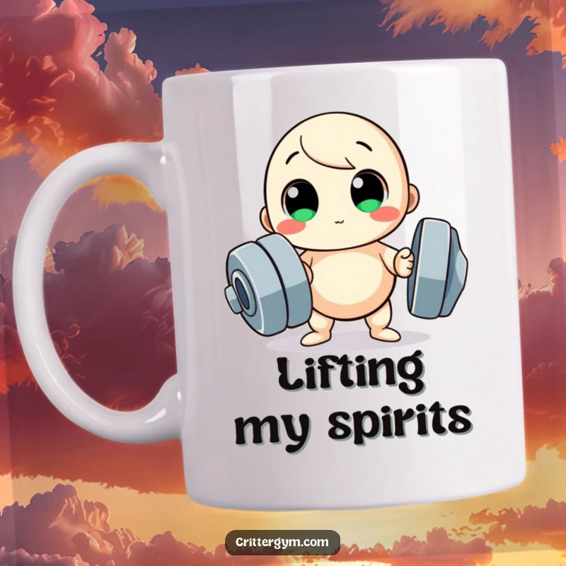 Funny mug, small round character with big eyes trying to lift a huge dumbbell, gym effort.