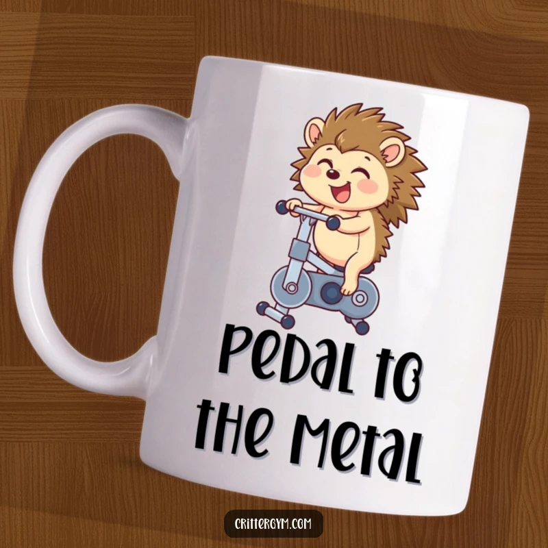 Funny hedgehog mug showing a cheerful hedgehog joyfully bouncing on a miniature exercise bike, pedaling with intense, happy focus.