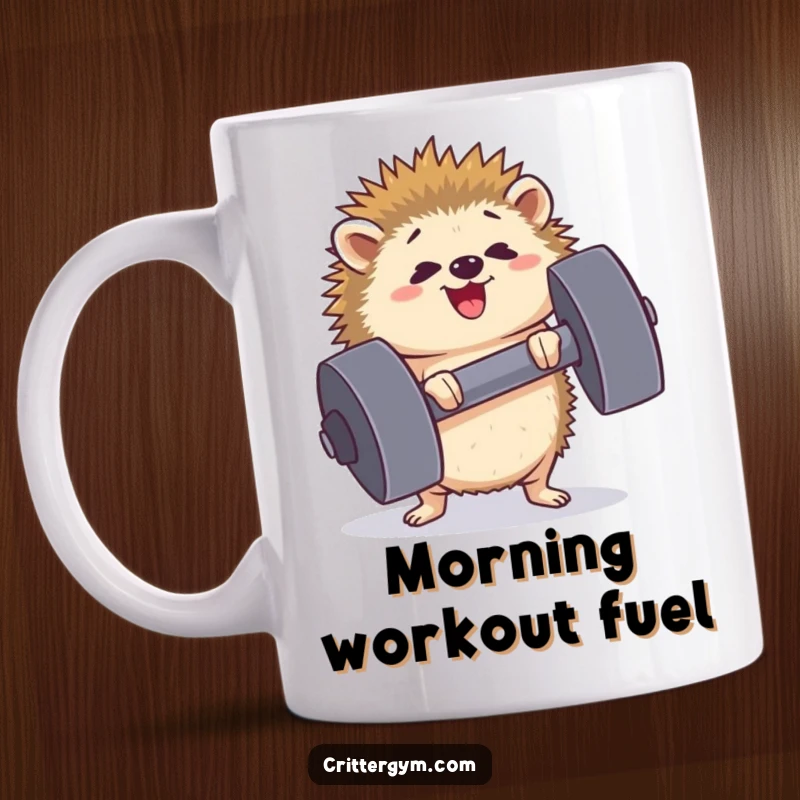 Funny determined hedgehog mug straining to lift a comically large dumbbell, showing a happy, effort-filled face, perfect for a gym gift.