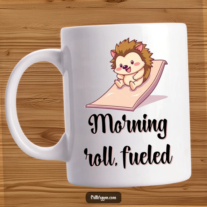 Funny hedgehog mug showing a happy hedgehog rolling down a slippery slide on a gym mat, symbolizing pure joy and laughter.