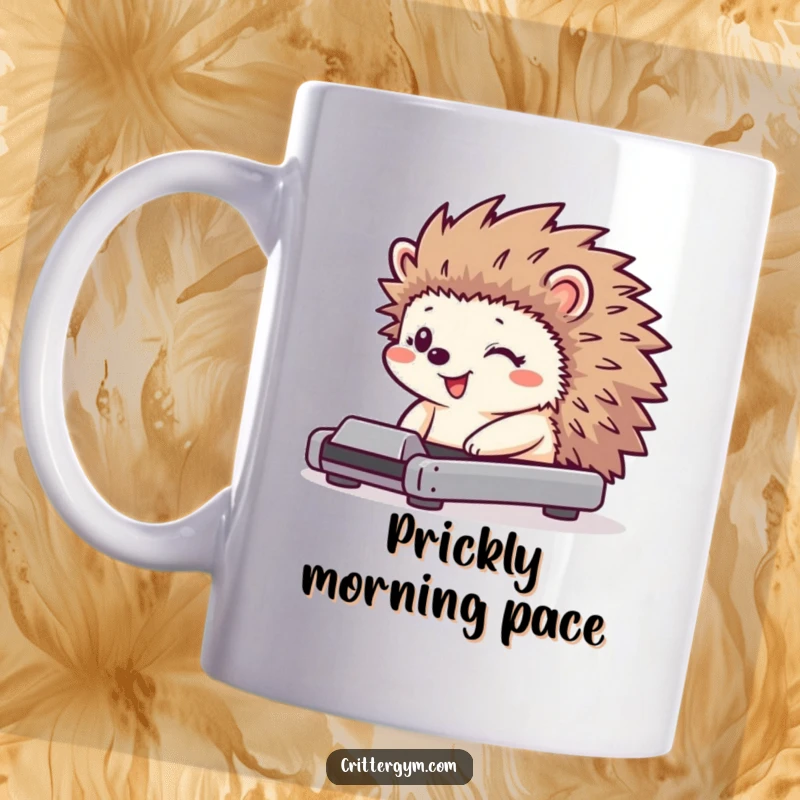 Funny hedgehog mug featuring a tiny character with a huge grin using a miniature treadmill, its quills jiggling playfully.