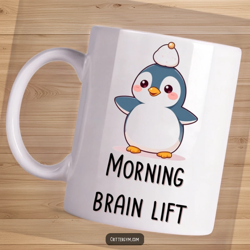 Funny Kawaii penguin character expertly balancing a tiny weight on its head, a humorous illustration for coffee mugs.