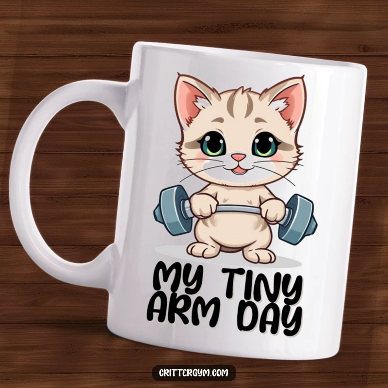 Funny kitten mug showing a proud kitten posing with tiny weights after a successful rep, radiating fitness and humor.