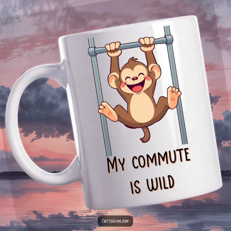 Funny monkey mug, a mischievous monkey gleefully hanging upside down from a pull-up bar, playful and energetic.