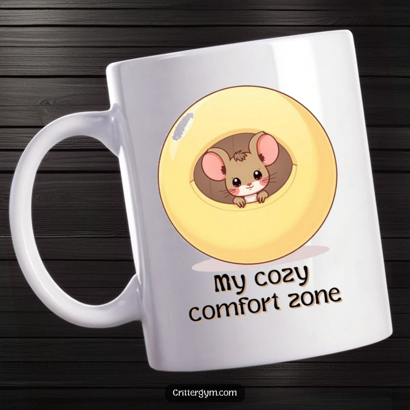 Funny mouse mug showing a curious mouse peeking from a deflated exercise ball, symbolizing sneaky fitness and humor.