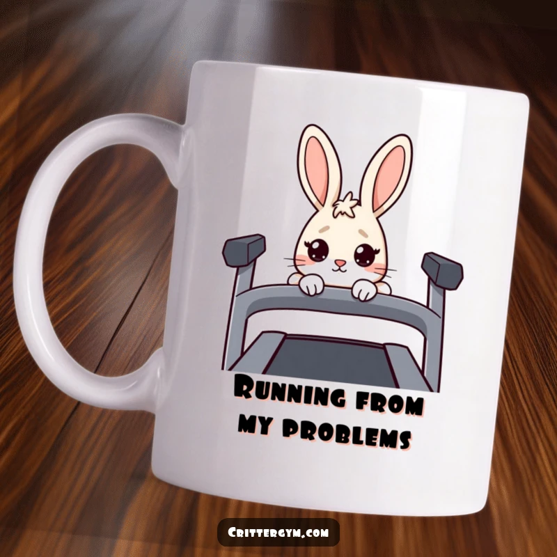 Funny Nervous Rabbit Treadmill Mug: A rabbit peeks wide-eyed over a treadmill, expressing humorous fitness anxiety.