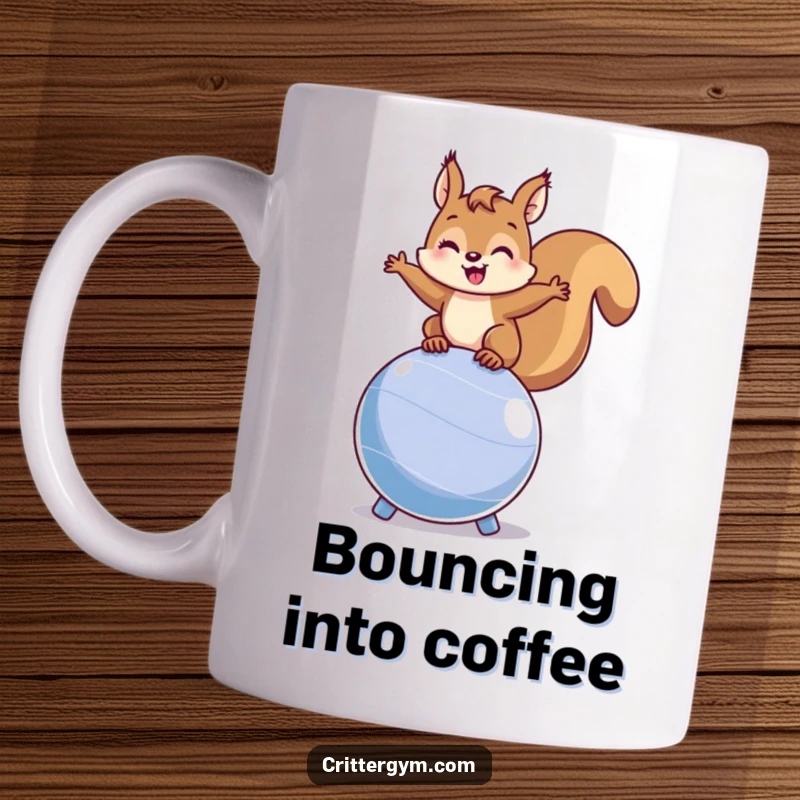 Funny happy squirrel balancing precariously on a bouncing fitness ball on a mug, showcasing agility and humorous determination.