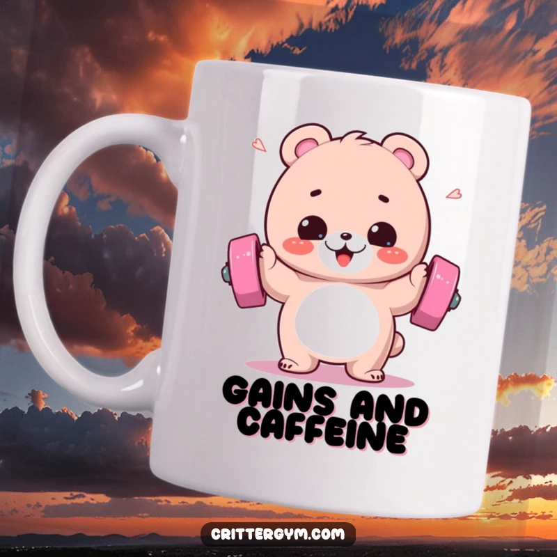 Funny mug featuring a fluffy bear gleefully lifting a colorful barbell with intense effort, sweat droplets flying, embodying workout fun.