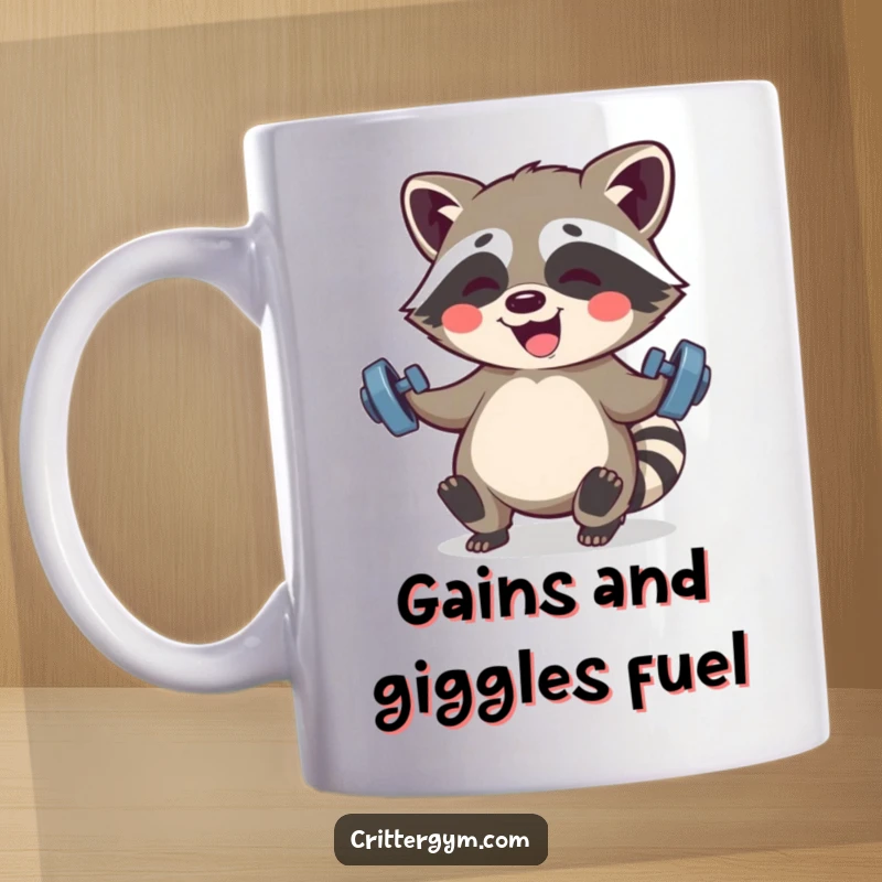 Funny Kawaii raccoon character giggling while lifting small barbells, depicted on a mug for humorous workout motivation.
