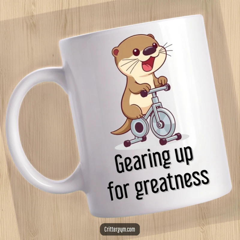 Funny mug featuring a cute otter excitedly straddling a tiny exercise bike, pedaling rapidly with a determined grin.