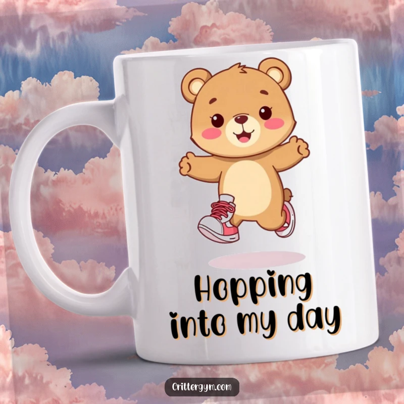 Funny mug with a happy bear cub character wearing cartoon sneakers and doing a playful hop. Adorable and cheerful design.